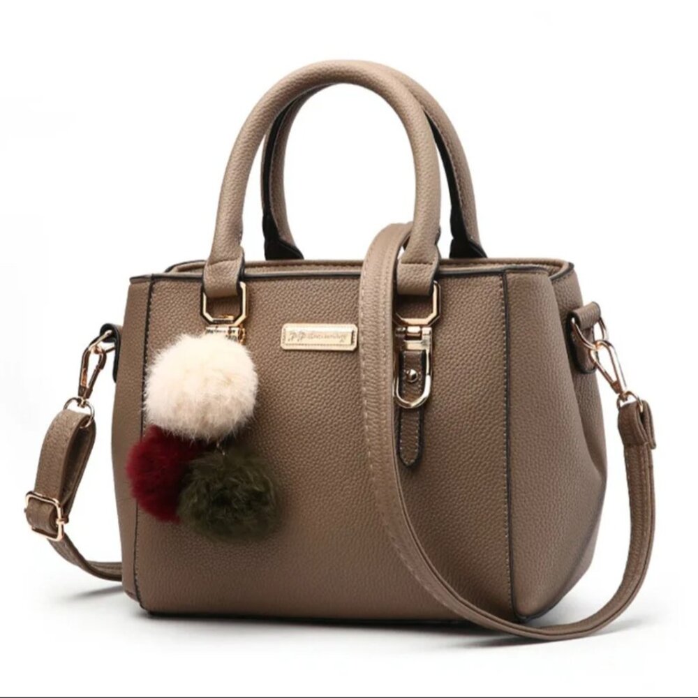 Chic Khaki Cream Satchel with Pom-Pom Charms